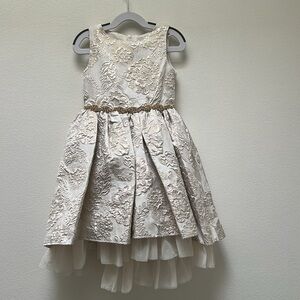 Rare Editions Girls White and Gold Brocade high low Dress with Bow Back Detail